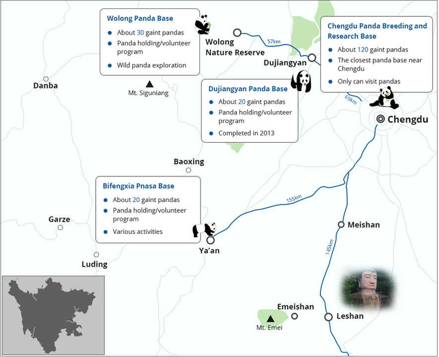 Map of Four Giant Panda Bases and Surrounding Tourist Attractions in Sichuan Map of Four Giant Panda Bases and Surrounding Tourist Attractions in Sichuan
