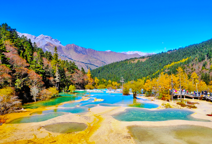 Admire the famous Five-Color Pools in Huanglong National Park