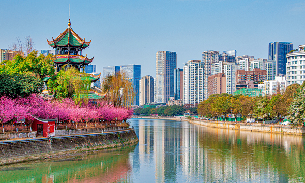 Chengdu in spring with blooming flowers along the Jinjiang River