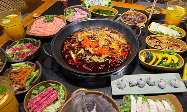 Traditional Sichuan hot pot with a variety of ingredients in Chengdu