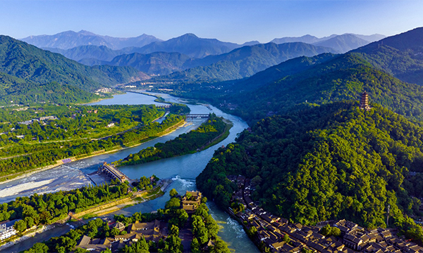 Aerial view of Dujiangyan Irrigation System surrounded by mountains and rivers in Sichuan
