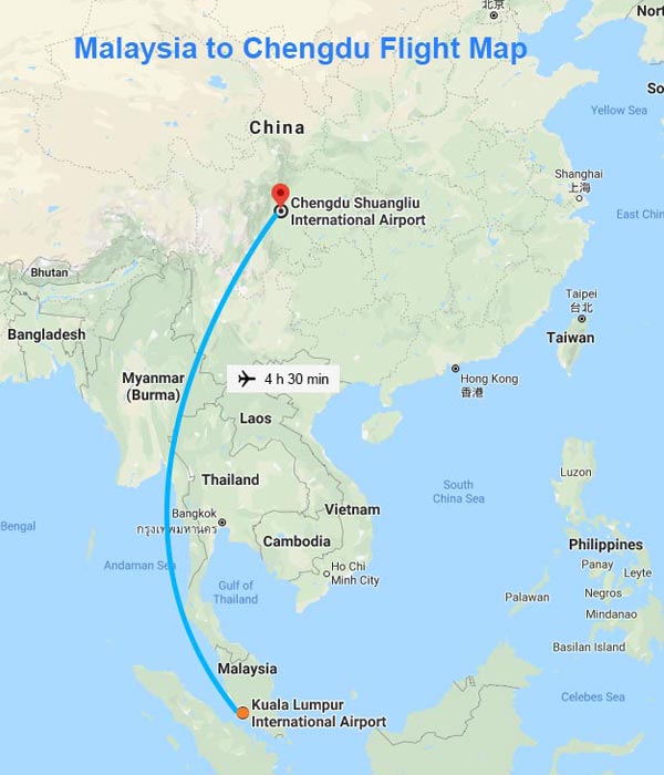 Malaysia to Chengdu Flight Map