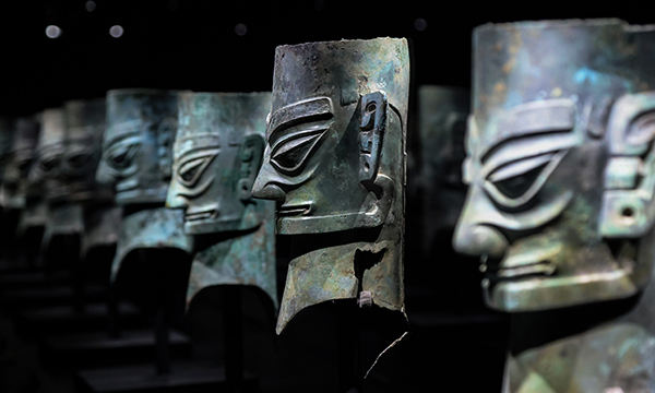 Ancient bronze masks displayed at Sanxingdui Museum in Sichuan