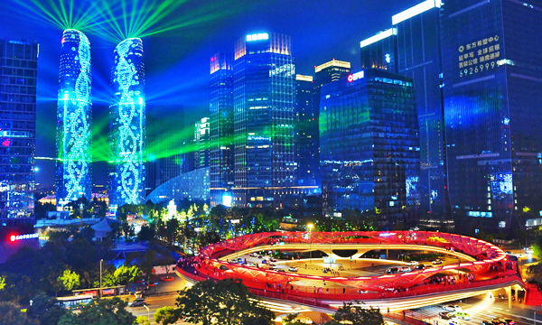 Tianfu Twin Towers illuminated at night in Chengdu
