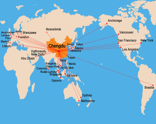 Map of Direct international flights to Chengdu