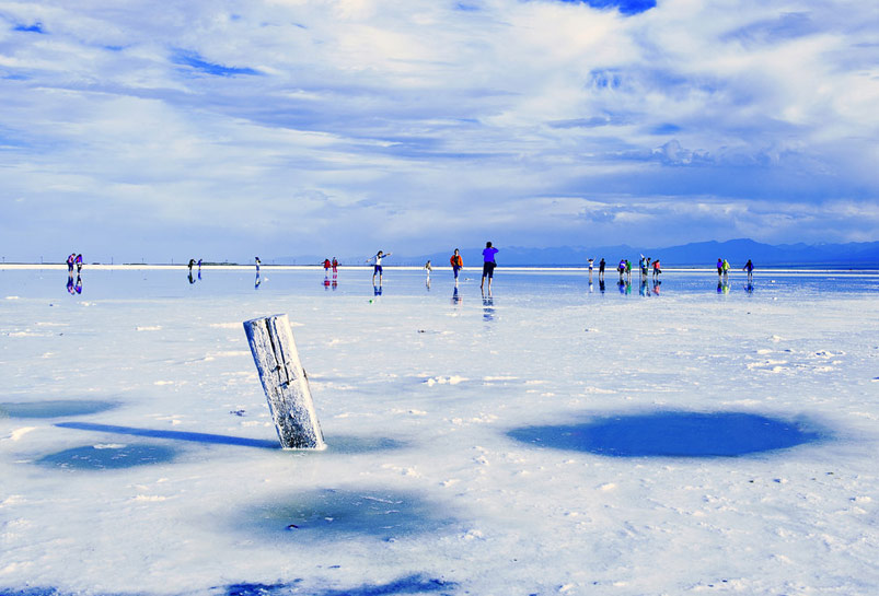 Standing on the salt crystals of Chaka Salt Lake