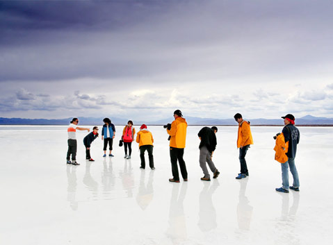 Standing on the salt crystals of Chaka Salt Lake