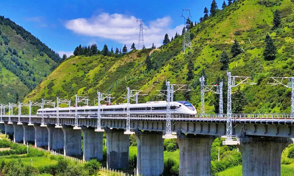 Chengdu to Jiuzhaigou high-speed train traveling through the mountains of Sichuan