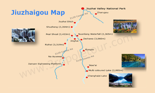 Jiuzhaigou attractions map showing elevations of major scenic spots