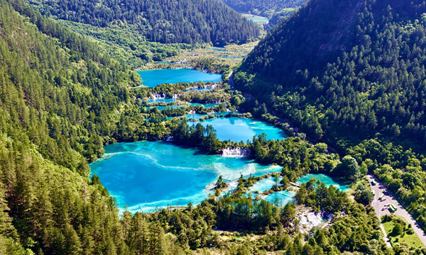 Aerial view of Jiuzhaigou colorful lakes and forested valleys