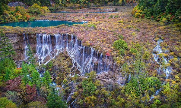 Jiuzhaigou waterfall surrounded by colorful autumn forests
