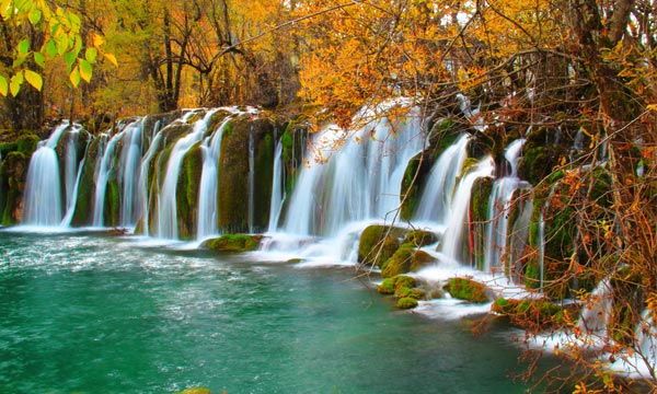 The waterfall in autumn in Jiuzhaigou