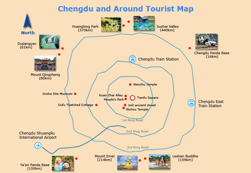 Map of Chengdu and Surrounding Tourist Attractions Map of Chengdu and Surrounding Tourist Attractions