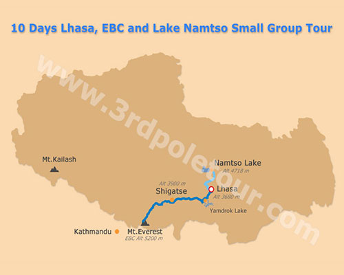 Map of 10 Days Tibet Everest Base Camp and Namtso Lake Group Tour