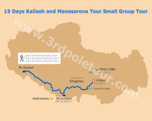 Map of 15 Days Mount Kailash Group Tour in Tibet