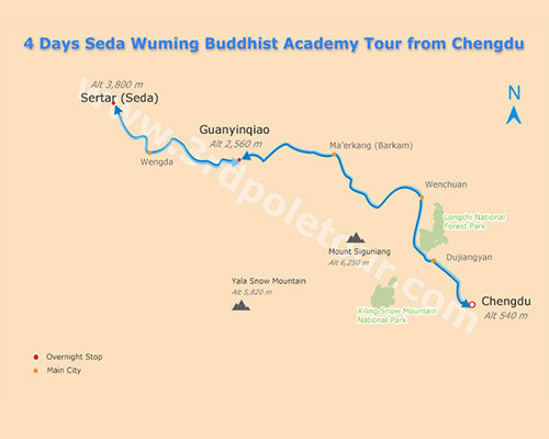 Map of 4 Days Chengdu Seda Wuming Buddhist Academy Tour