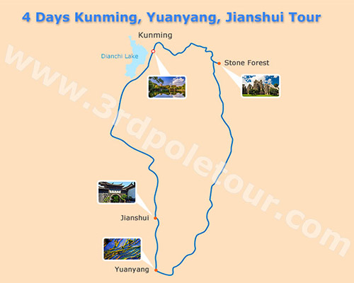 Map of 4 Days Kunming, Yuanyang and Jianshui Tour