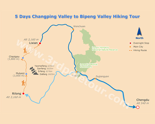 Map of 5 Days Changping Valley to Bipeng Valley Trekking Tour