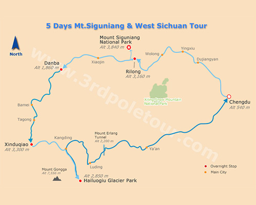 Map of 5 Days Mount Siguniang and West Sichuan Tour