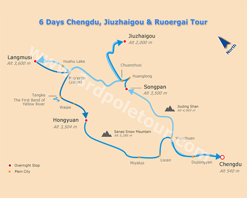 Map of 6 Days Jiuzhaigou and North Sichuan Grassland Tour