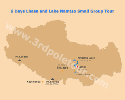 Map of 6 Days Lhasa Namtso Lake Group Tour