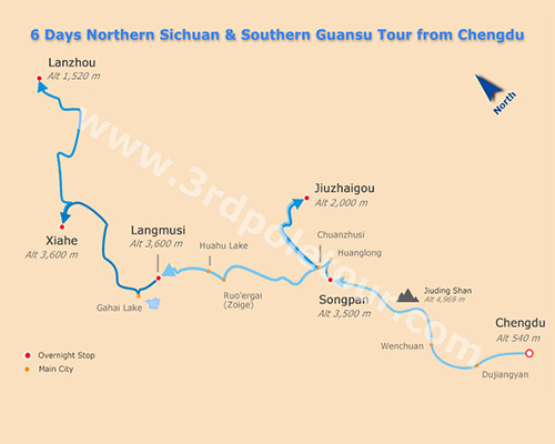 Map of 6 Days Northern Sichuan and Southern Gansu Tour