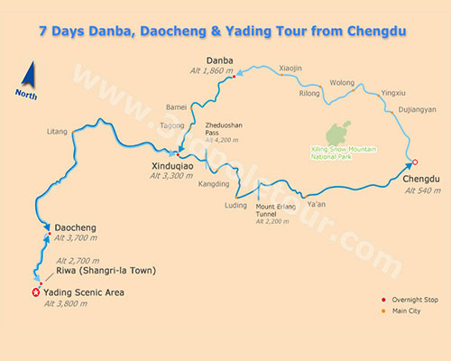 Map of 7 Days Danba Daocheng and Yading Tour
