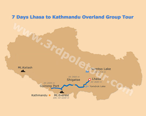 Map of 7 Days Lhasa to Kathmandu Overland Group Tour