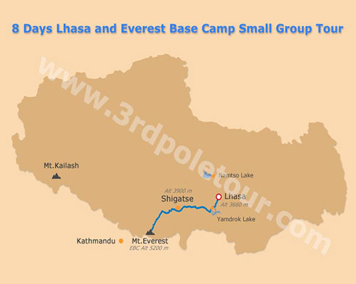 Map of 8 Days Tibet Everest Base Camp Group Tour