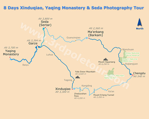 Map of 8 Days Xinduqiao Yaqing Monastery and Seda Tour