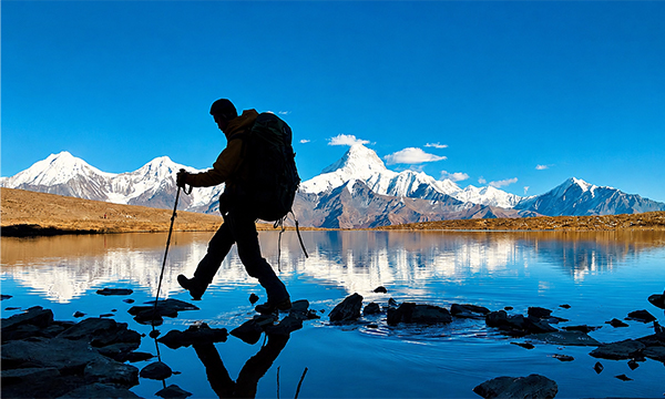 Hiker trekking near Mount Gongga with snow mountains