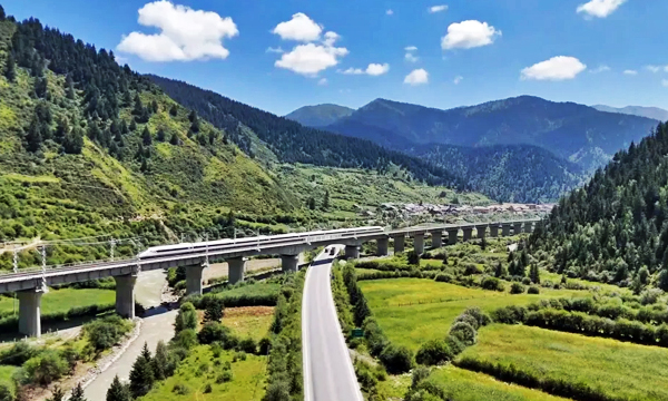 High-speed train traveling through the mountains from Chengdu to Songpan