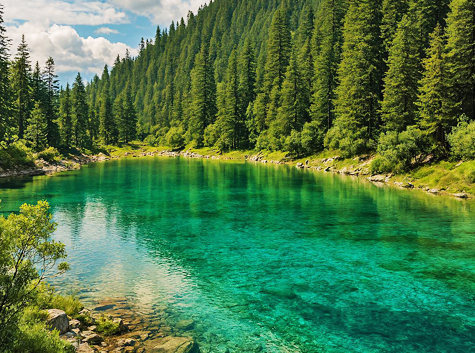 Highland lakes surrounded by forests in Munigou Valley