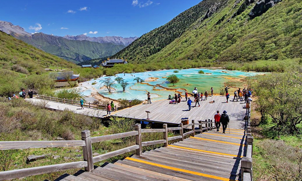 Colorful travertine pools in Huanglong Scenic Area