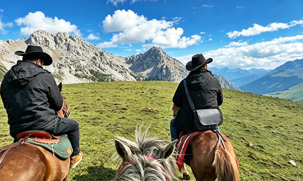 Horse trekking through green mountain grasslands in Songpan during summer