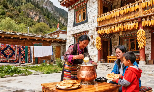 Visiting a Tibetan family and sharing local food in Songpan
