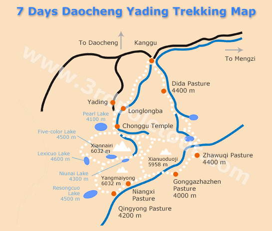 7 Days Daocheng Yading Trekking Map