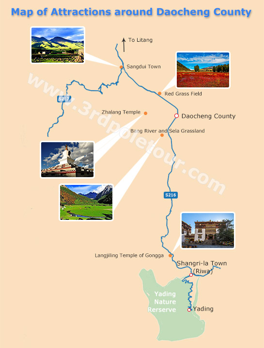 Map of Attractions around Daocheng County