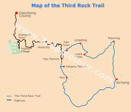 Map of the Third Rock Trail to Yading