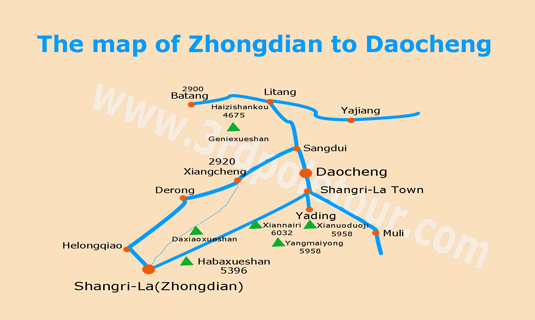 The Map of Zhongdian to Daocheng