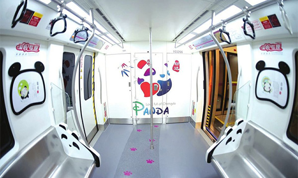 Panda-themed train compartment in subway line 3