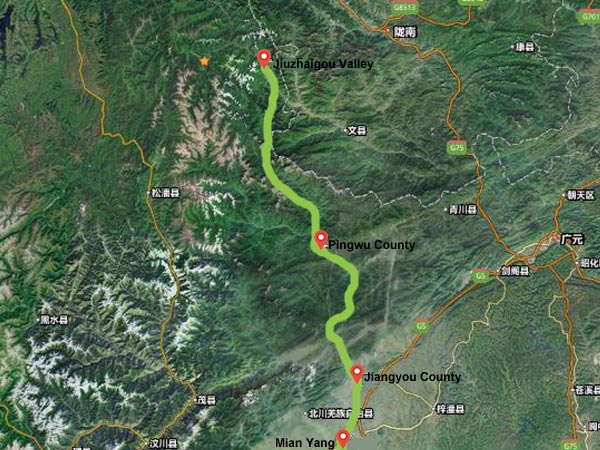 The Altitude changes along the way from Mianyang to Jiuzhaigou