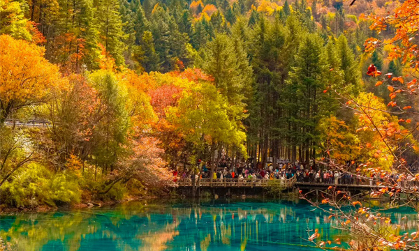Jiuzhaigou autumn scenery with colorful forests and turquoise lake
