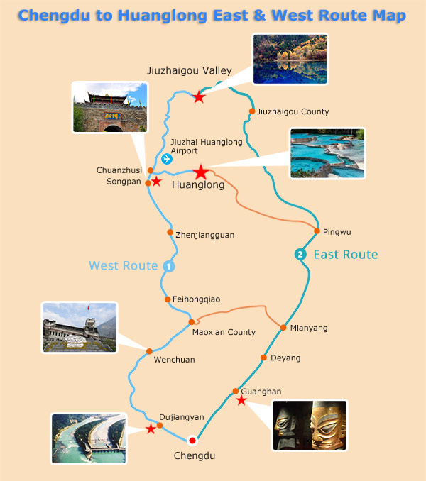 Chengdu to Huanglong East & West Route Map
