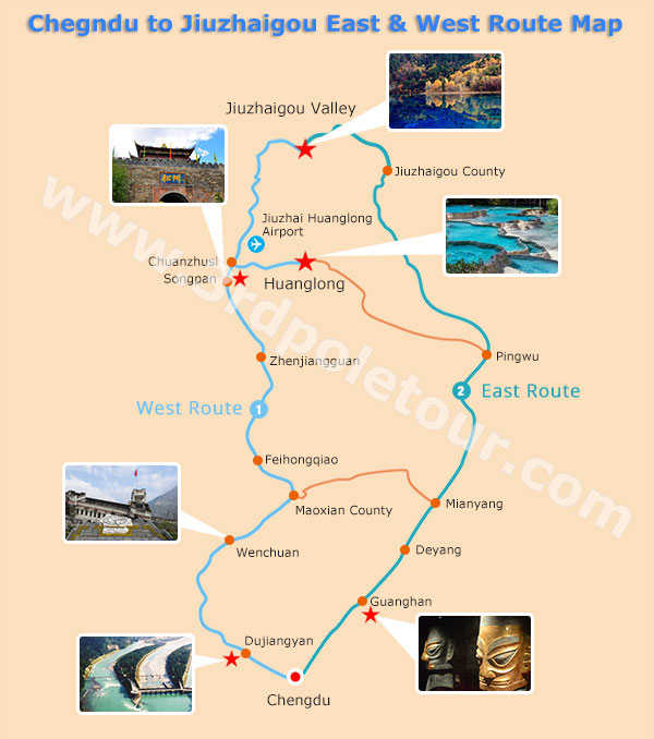 Chengdu to Jiuzhaigou East Rout and West Route Map