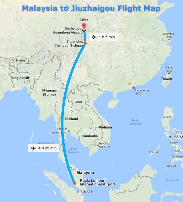 Malaysia to Jiuzhaigou Flight Map