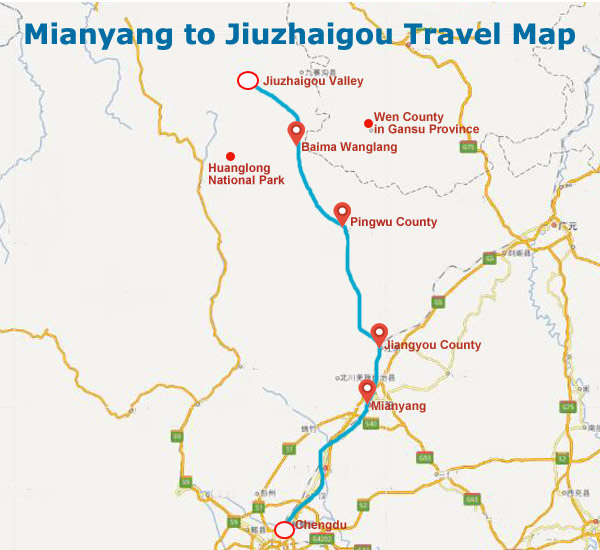 Mianyang to Jiuzhaigou Travel Map