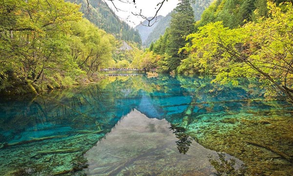 Turquoise colored lakes in Jiuzhaigou