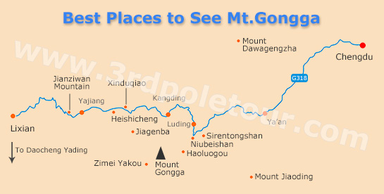 Location Map of Best Places to See Mount Gongga