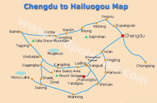 Chengdu to Hailuogou Road Map